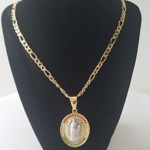 Guadalupe 18k gold filled pendant figaro necklace set religious New